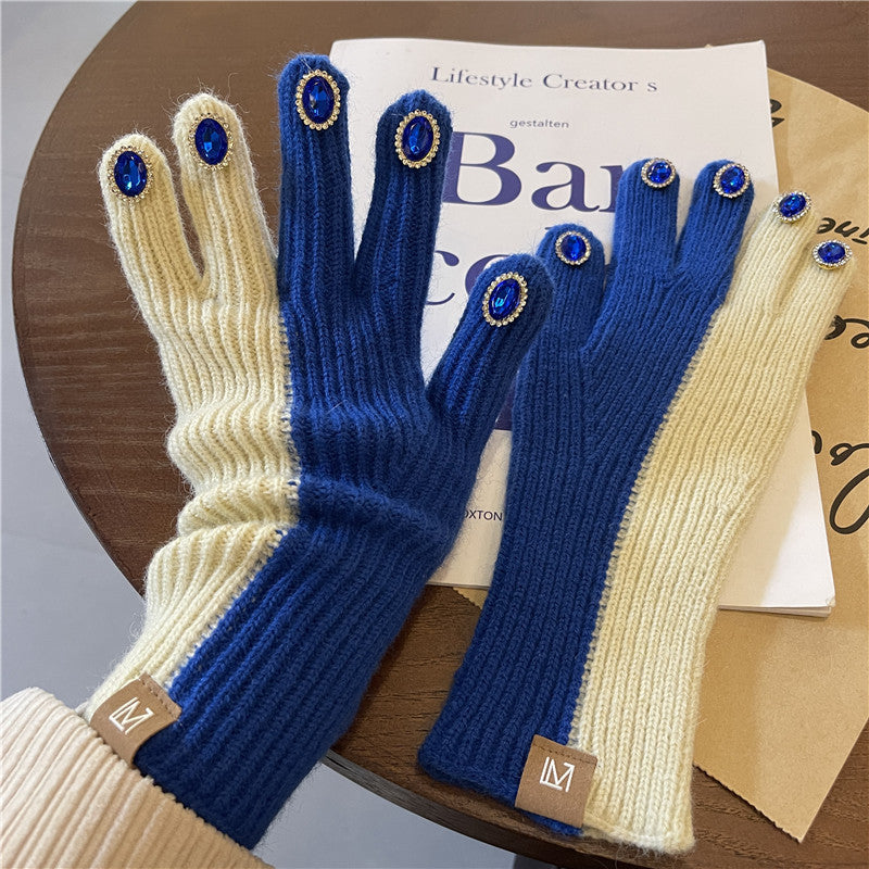 Wholesale Design Color Block Knitted Rhinestone Warm Gloves